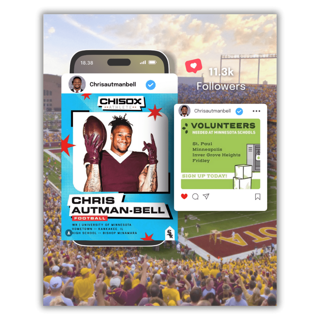 Chris Autman-Bell social media overlaying a stadium