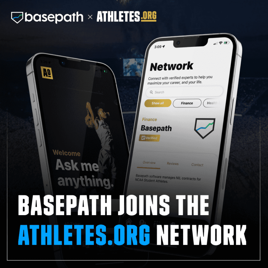 iPhone app mockup of the Athletes.org platform with the Basepath and Athletes.org logo and a title that says Basepath Joins the Athletes.org Network